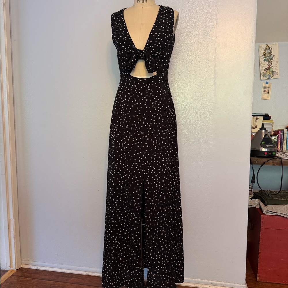 Black and White Stars Maxi Dress with front Cutout